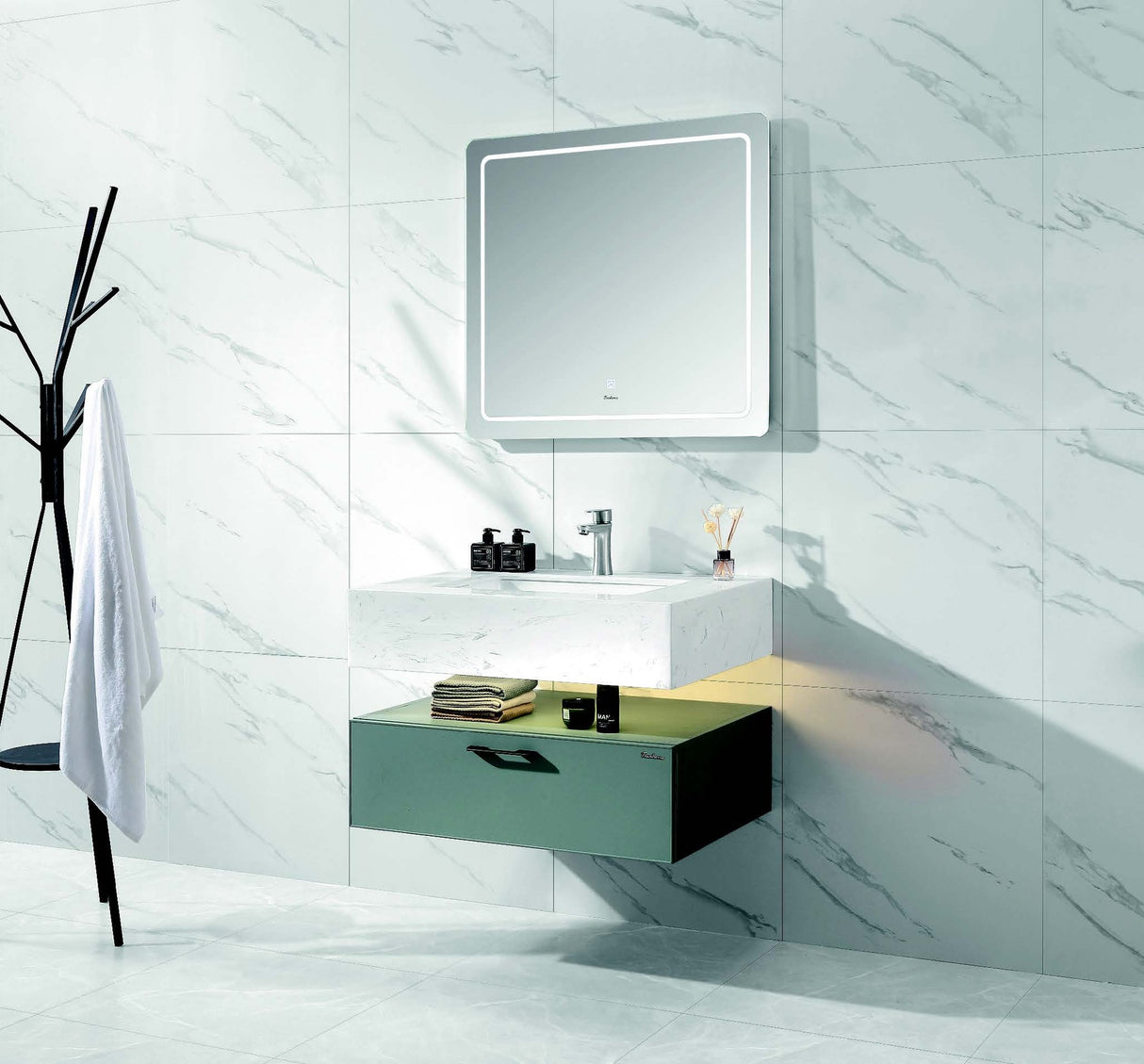 TC20-D80 Modern Bathroom Vanity Cabinet with LED Touch Mirror – Green & White (Set of 3)