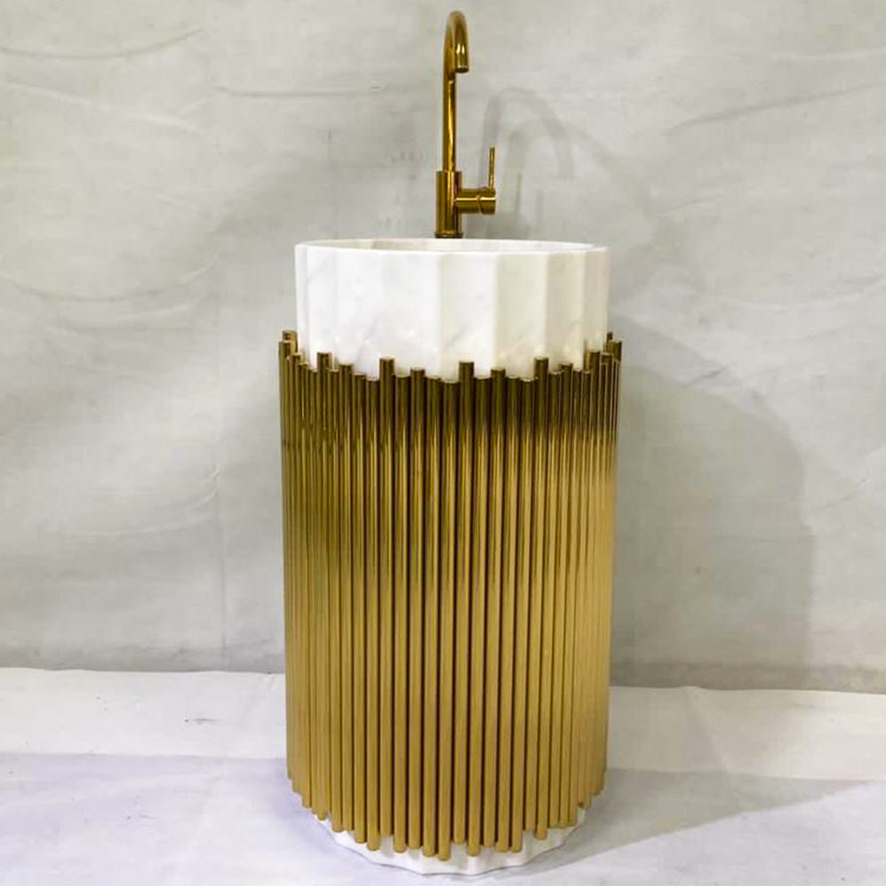 White Marble Basin With Standing Faucet & Gold Frame Washstand (1-set,4-pack)