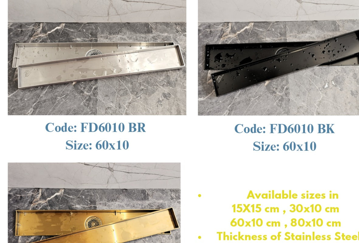 60×10 cm Linear Floor Drain with 4-Inch Outlet – Chrome Finish