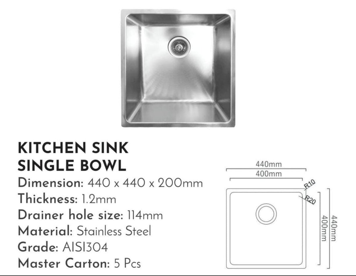 Stainless Steel Kitchen Sink Single Bowl 440 × 440 × 200 mm – AISI 304