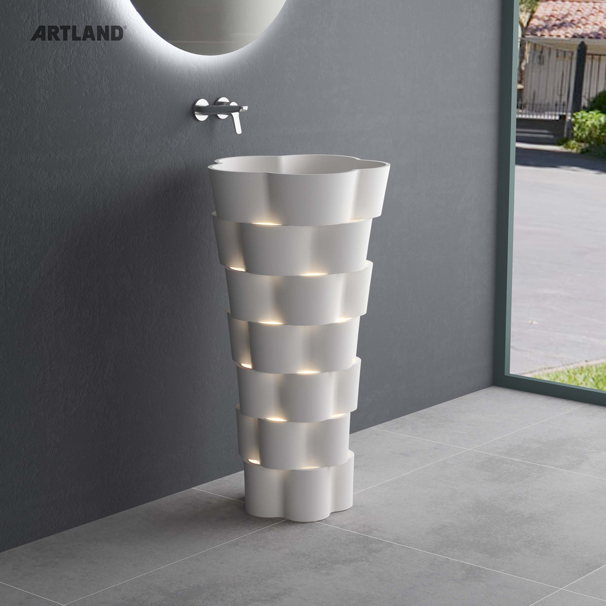YL5045 – Solid Surface Pedestal Basin with Layered Light Design