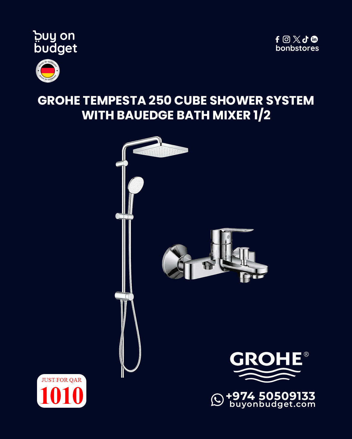 Grohe Tempesta 250 Cube Shower System With Bauedge Bath Mixer 1/2 26694001
