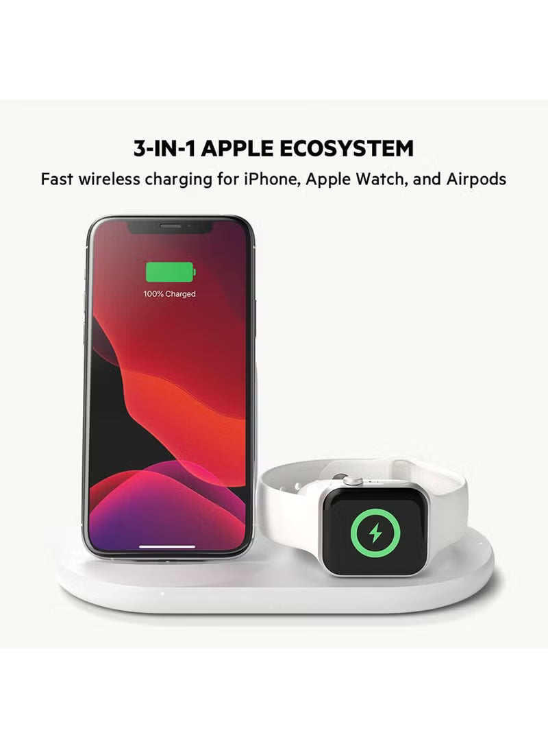 BoostCharge Pro 3-In-1 Wireless Charger - 7.5W Fast Qi Certified For iPhone 15/14/13/12/11 Series, Earlier Models, Apple Watch Series 5/4/3/2/1, Airpods Pro And QI Enabled Devices White