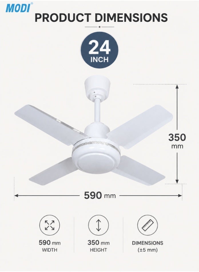 Q166 MODI 24 Inch Ceiling Fan MD-HWF2005 White Without Decor 4 Blade High Speed Ceiling Fan
