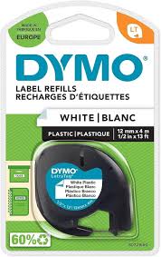 DYMO S0721660 LETRA TAG PLASTIC TAPE SELF ADHESIVE 12MM X 4M ROLL BLACK PRINT ON WHITE