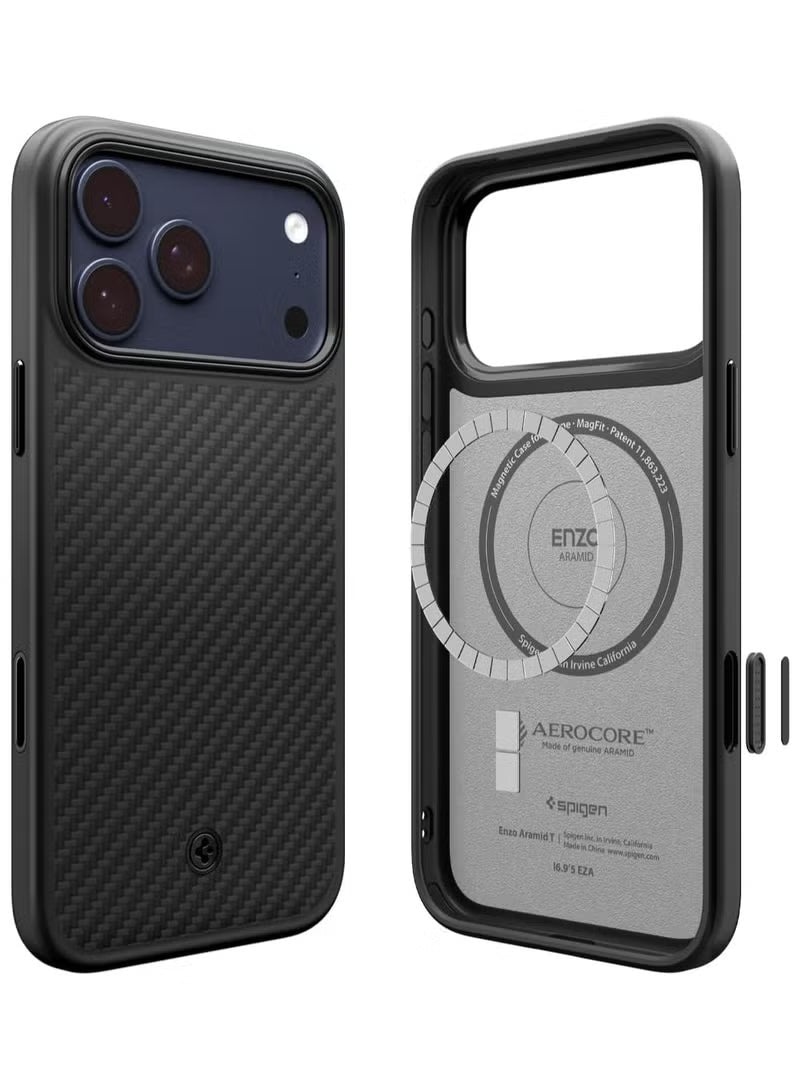 جراب Enzo Aramid T MagFit لهاتف iPhone 17 Pro MAX مع غطاء زر التحكم بالكاميرا، مصنوع من ألياف الأراميد، بتقنية MagSafe - أسود | أسود