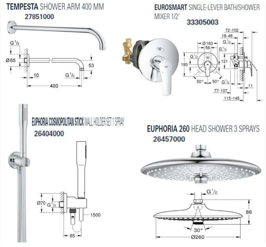 GROHE Eurosmart Concealed Single-Lever Basin Mixer Trim Shower Arm / Wall Outlet / Holder (Tempesta/Euphoria accessory) 27851000
