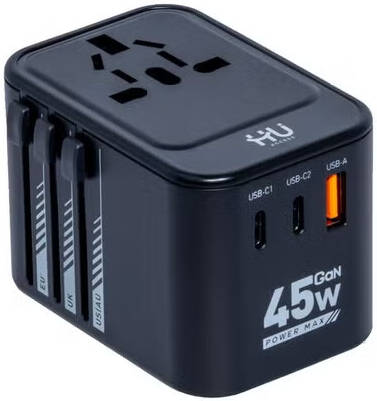 HAC-1001 HU Travel Plug Adapter 45W – Black, 2000W, UK/US/AU/EU