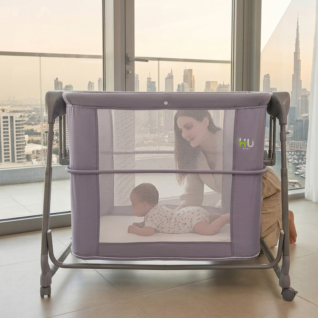 Multifunctional Auto Swing Bassinet HBA-1002 – 5 Playpen Modes with Bluetooth & Remote Control