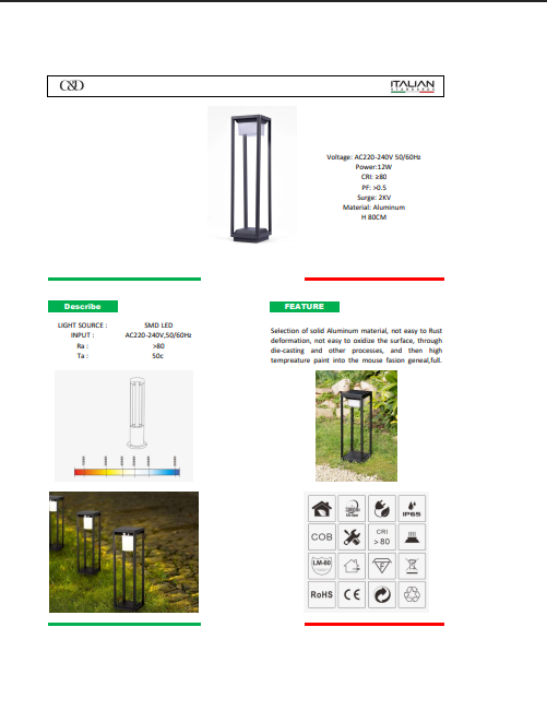 LED Garden Light-CND1001-02 BLACK-H800-12W--Aluminum-(3000K)