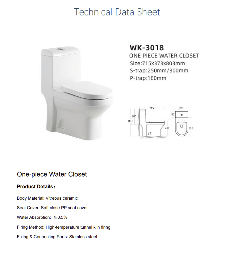 Single Piece Toilet (S-trap 250mm PP Seat Cover) 725*373*803MM - White