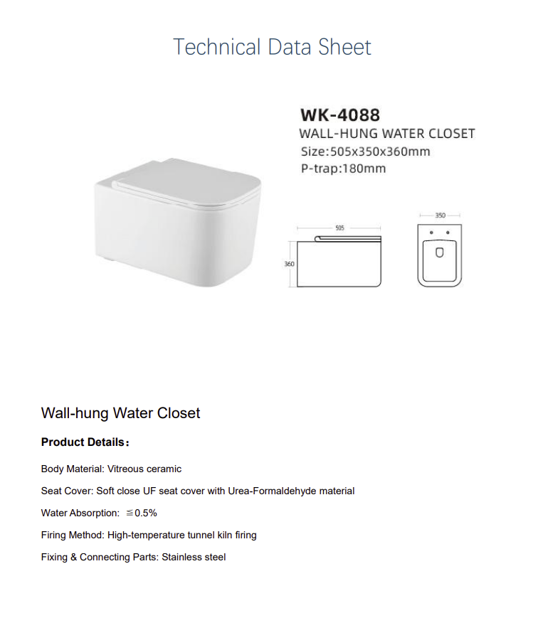 Wall Hung Toilet (P-trap 180mm UF Seat Cover) 505*350*360 - White