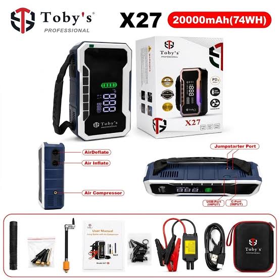 Toby’s X27 2500A Peak Car Jump Starter 20000mAh with Air Compressor, 100W PD Power Bank & Blower