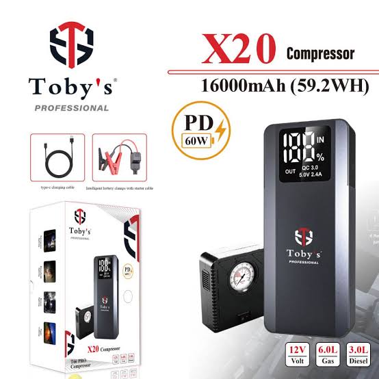 Toby’s X20 COM (T66 Pro) Car Jump Starter with Compressor – 16000mAh, 59.2Wh Power Bank
