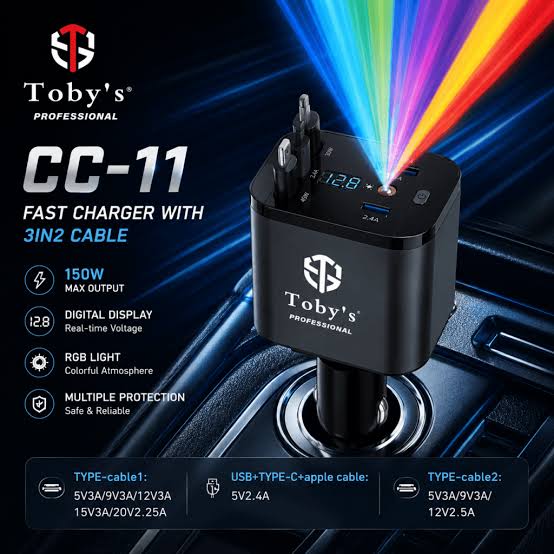 Toby’s CC-11 114W Fast Car Charger with 6-in-1 Retractable Cable & Starry Sky Light