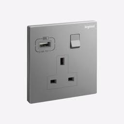R428 V6 Gray V6-037 13A 1 Gang Switch + Socket with 2 USB Ports & Neon