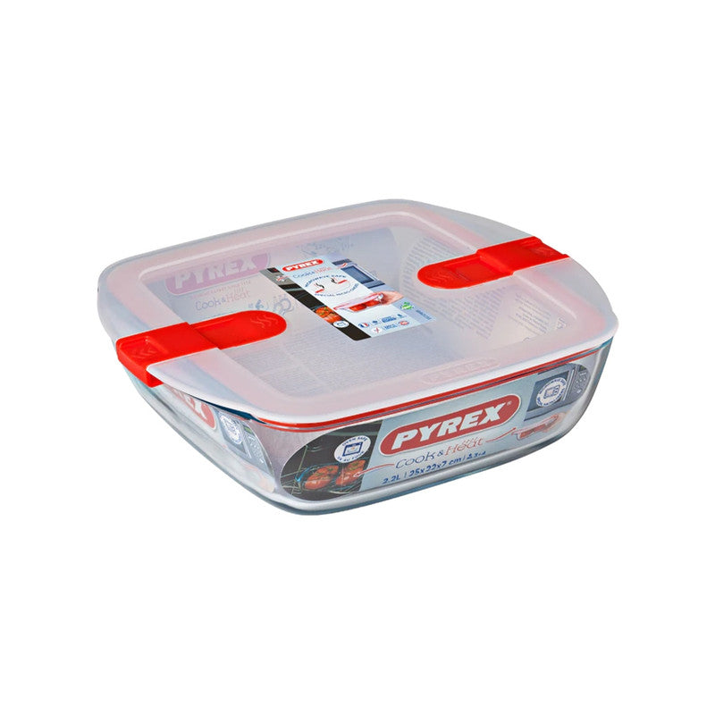 Pyrex 2.2l Cook And Heat Square Glass Food Container With Lid