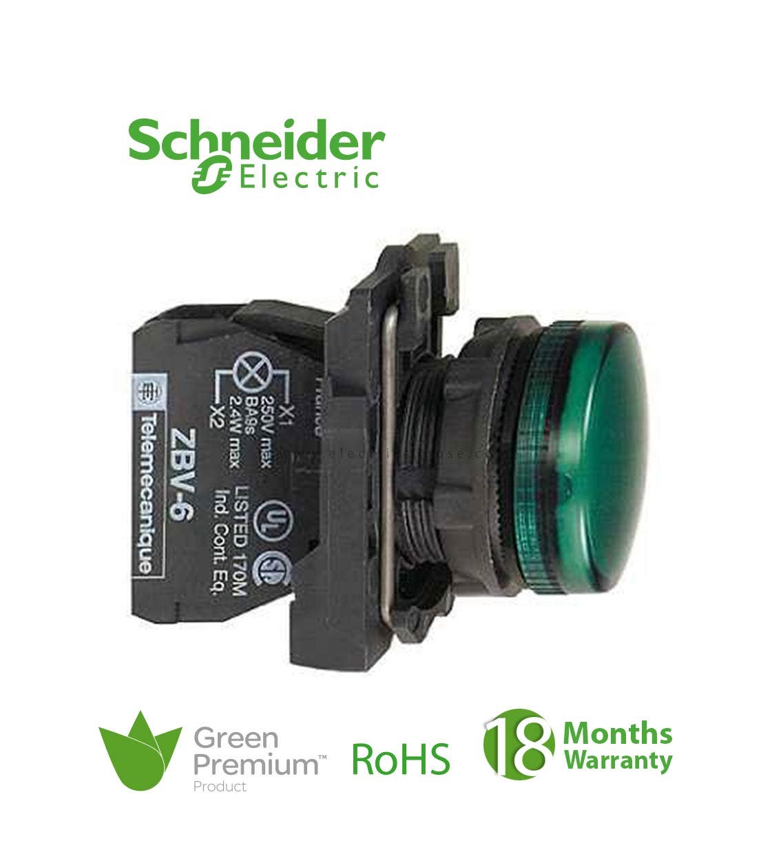 SCHNEIDER – Green Complete Pilot Light ?22 Plain Lens With Integral Led 110-120V, Supplier Part Number: XB4BVG3 Qatar