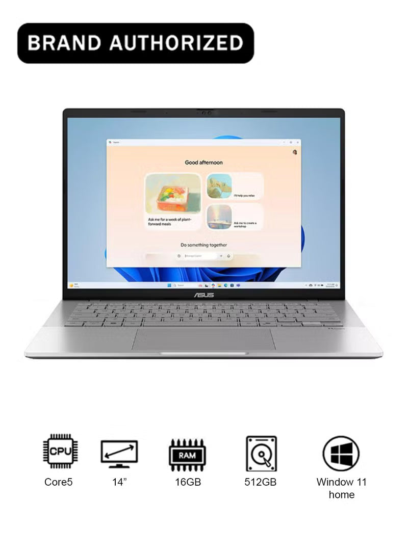ASUS Vivobook S14 Laptop – Intel Core 5 210H, 16GB RAM, 512GB SSD, 14” Display, Intel UHD Graphics, Windows 11 Home, Cool Silver
