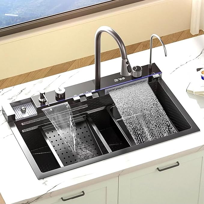 750×450mm Black Stainless Steel Single Bowl Kitchen Sink with Multifunction Waterfall Faucet Set