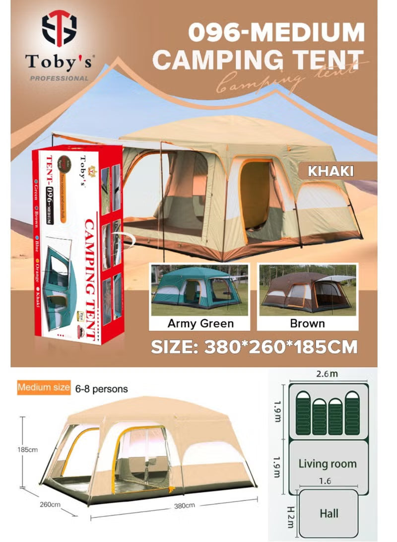 Toby’s New 6–8 Person Double Layer Outdoor Camping Tent – 380 × 260 × 185 cm Medium Khaki Tent