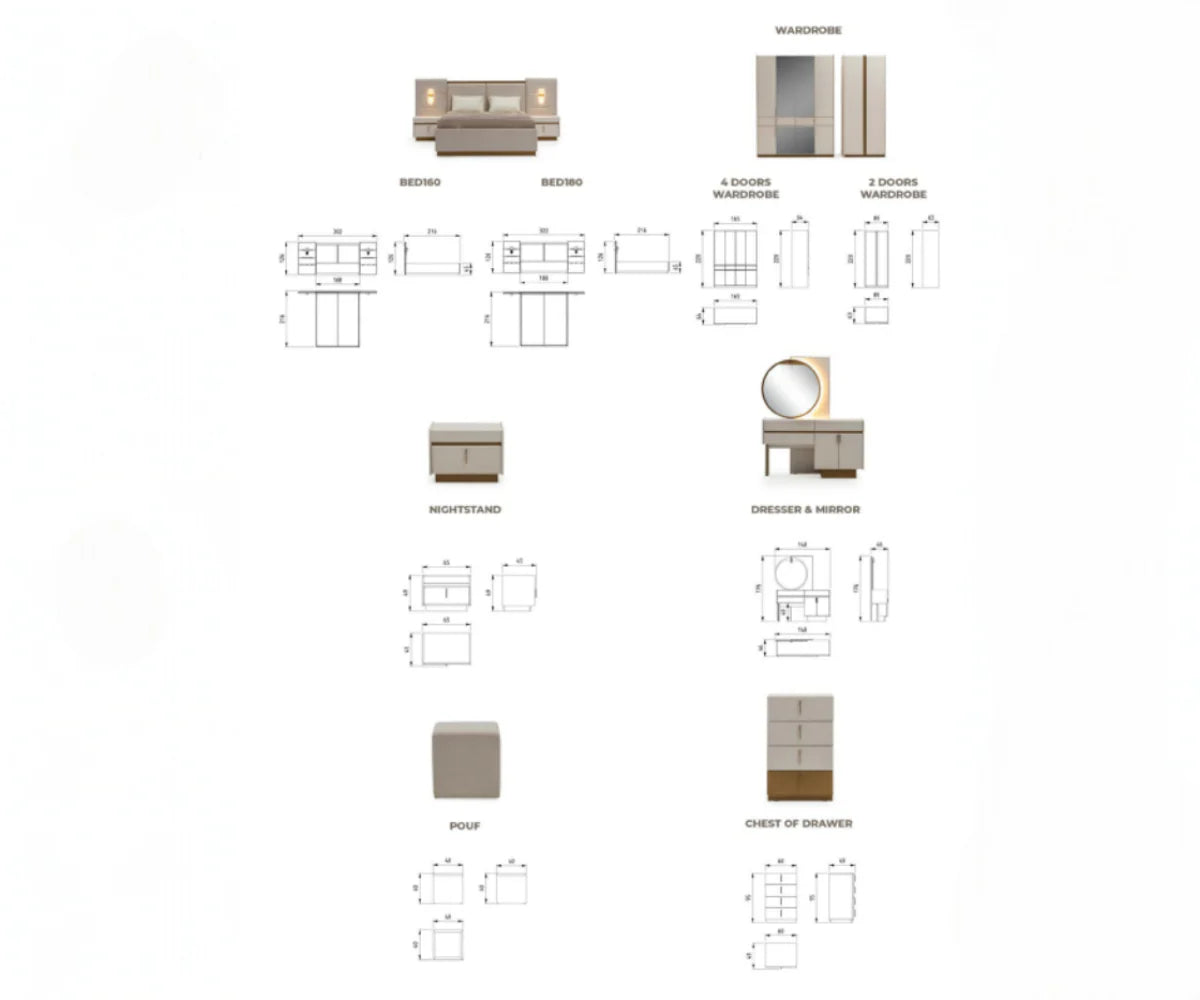 طقم غرفة نوم لورين – 180×200 سم، 6 قطع 