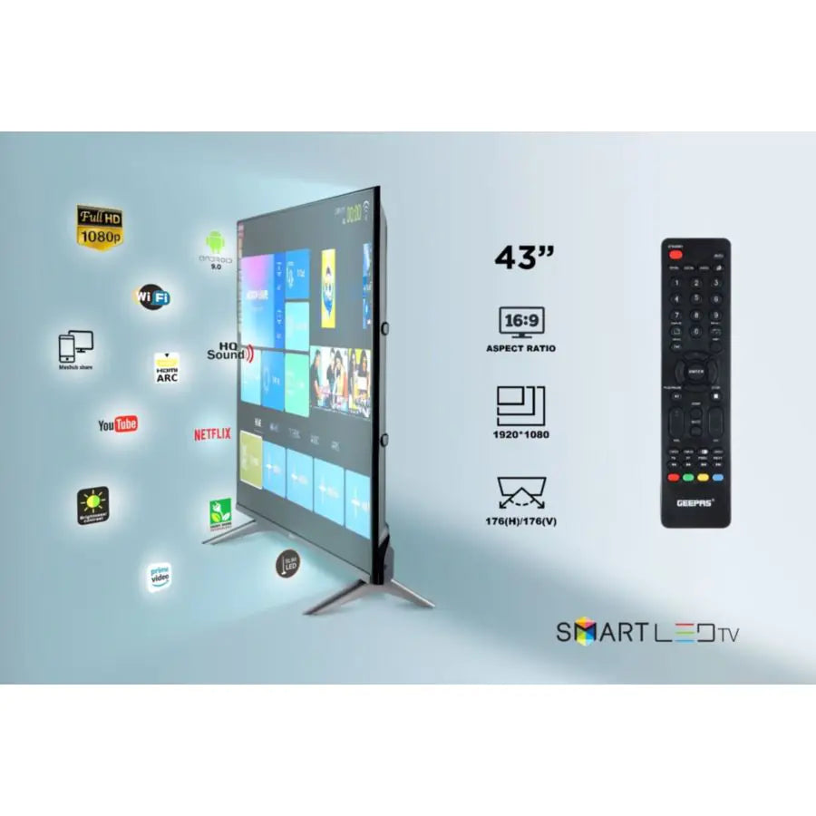 GEEPAS 43" FHD LED Smart TV | Wi-Fi | Android 8.0