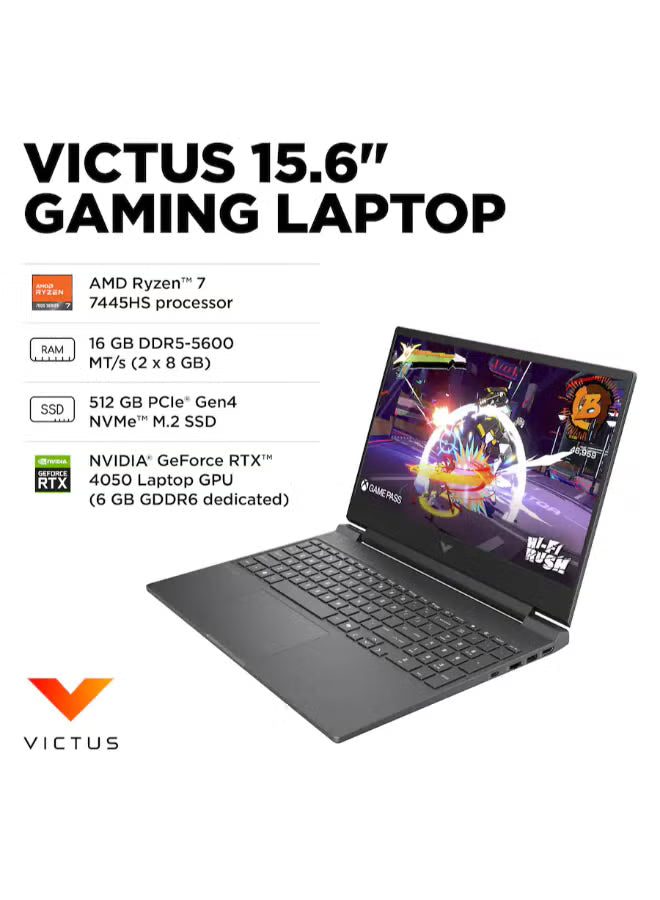 HP Victus 15.6-Inch FHD Gaming Laptop, AMD Ryzen 7 7445HS, 16GB RAM, 512GB SSD, NVIDIA GeForce RTX 4050 6GB, Windows 11 Home, English, Mica Silver