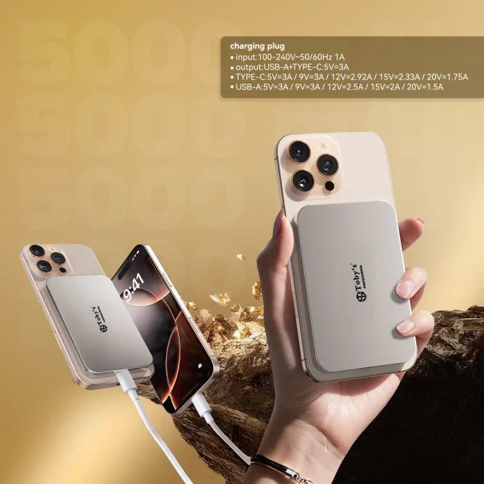 Toby’s PB-04 5000mAh Ultra-Slim Magnetic Power Bank, 15W Wireless & 20W PD with 65W Adapter and Retractable Cable