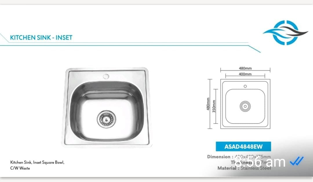 Stainless Steel Inset Kitchen Sink 480 × 480 mm