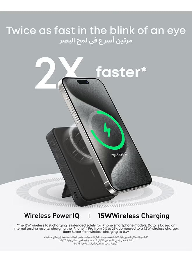 MagGo Power Bank, Qi2 Certified 15W Ultra-Fast MagSafe-Compatible Portable Charger, 10,000mAh Battery Pack with Smart Display and Foldable Stand, For iPhone 17/1615/14 Only(USB-C Cable Include)