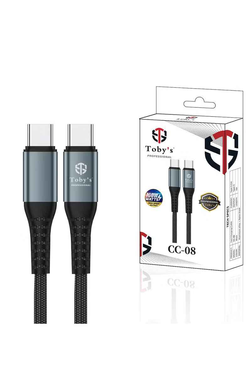 Toby’s CC-08 5A Type-C to Type-C Fast Charging Cable, 1m, Black Nylon Braided