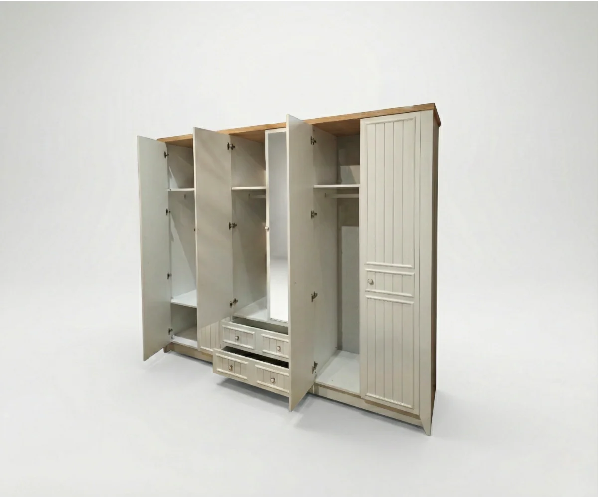 طقم غرفة نوم لورا – 180×200 سم، 5 قطع مع خزانة ملابس بستة أبواب