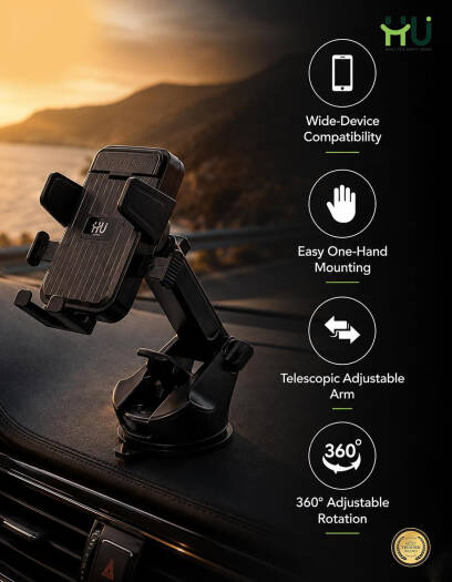 HU Car Phone Holder HAC-1033 – 360° Rotating Suction Cup Dashboard & Windshield Mount