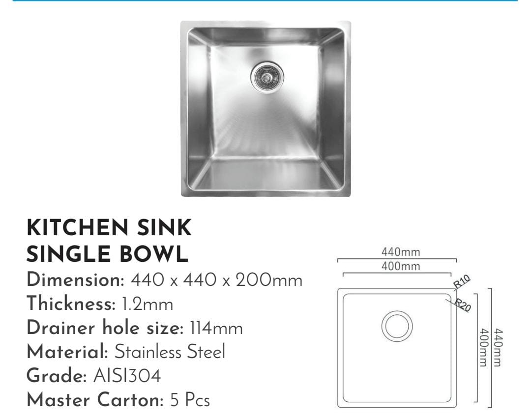 Stainless Steel Single Bowl Kitchen Sink 440×440×200mm