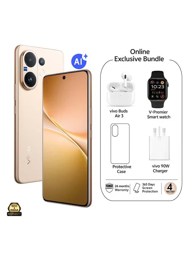 V60 AI Dual SIM 5G Desert Gold 12GB RAM 256GB With Exclusive Gifts - Vivo Bud Air 3, Smart Watch, 90W Charger And 24 Months Warranty + 1 Year Screen Replacement - Middle East Version