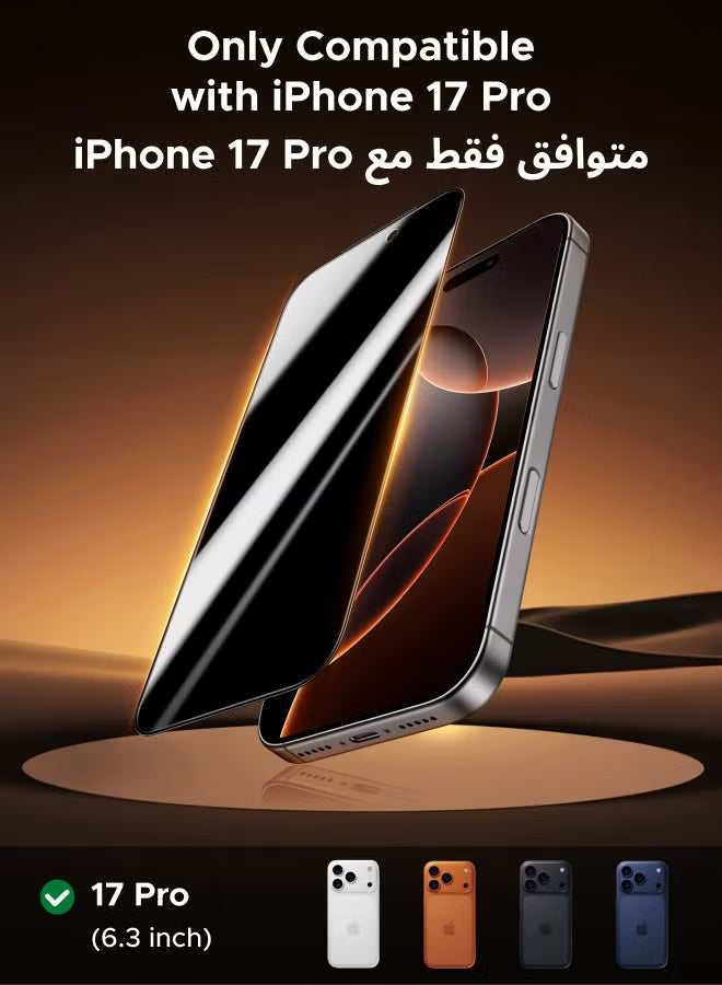 2-Pack for iPhone 17 Pro Privacy Screen Protector, [9H Hardness] [28° Blocks Views] Anti-spy Tempered-Glass Support Face ID with Easy Installation Tool, Case Friendly, Scratch Resistant