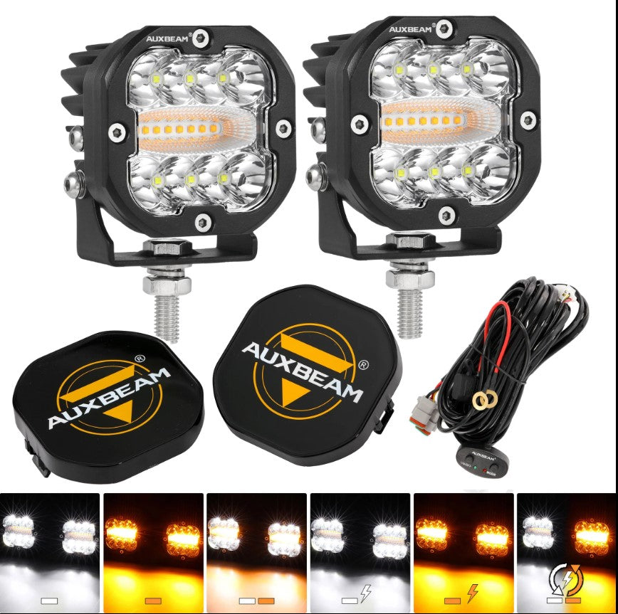 AuxbeamM XP-Ultra Series 3 Inch 96W 9600LM LED Pods with 6 Modes and Flashing White Amber Lights