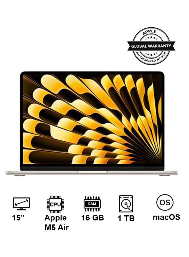 New 2026 Apple MacBook Air MDVE4 15-Inch Laptop, M5 10-Core CPU & 10-Core GPU, 16GB RAM, 1TB SSD – Starlight