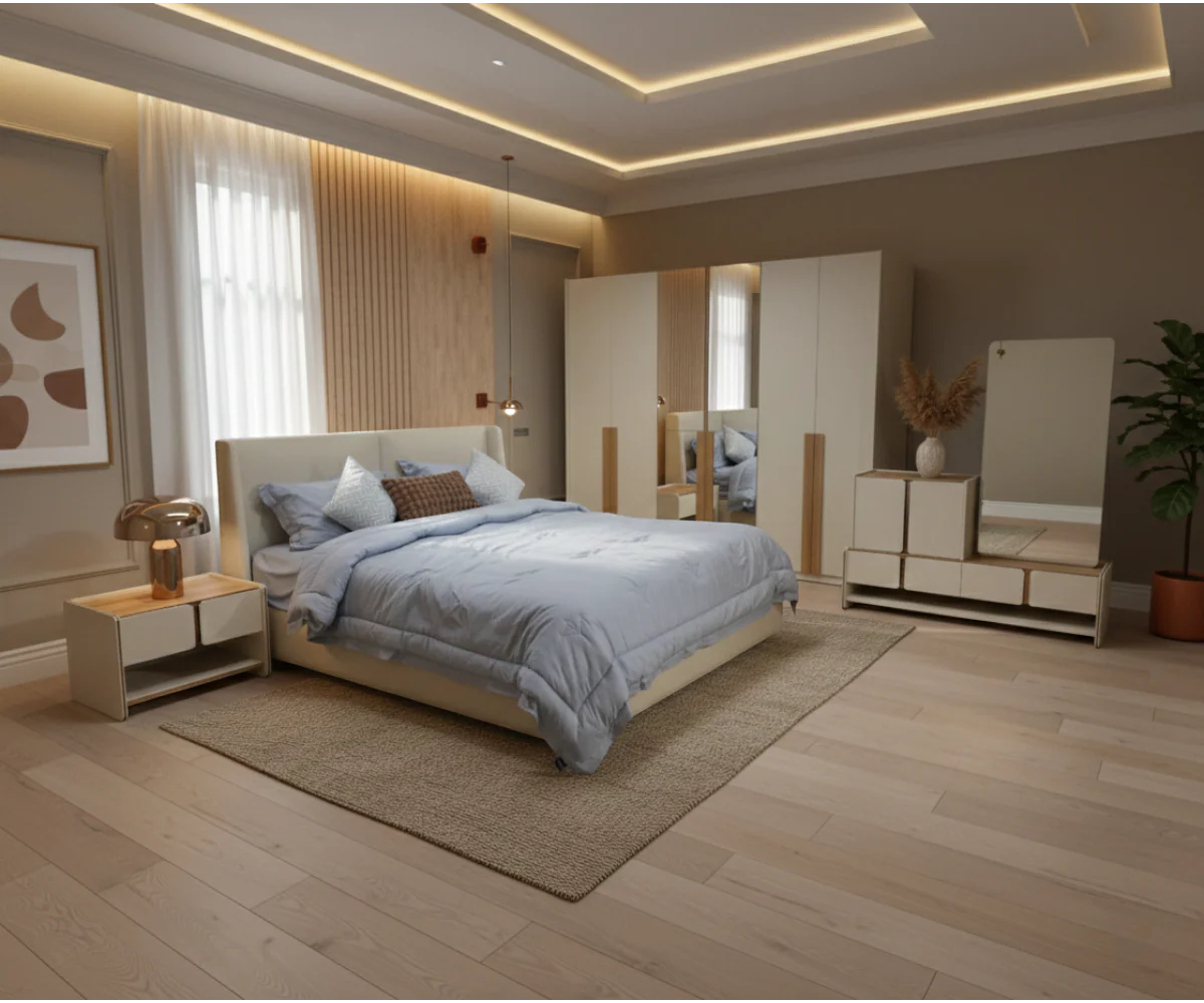 طقم غرفة نوم إزنيك مكون من 4 قطع – سرير بحجم كينج ووحدة تخزين 