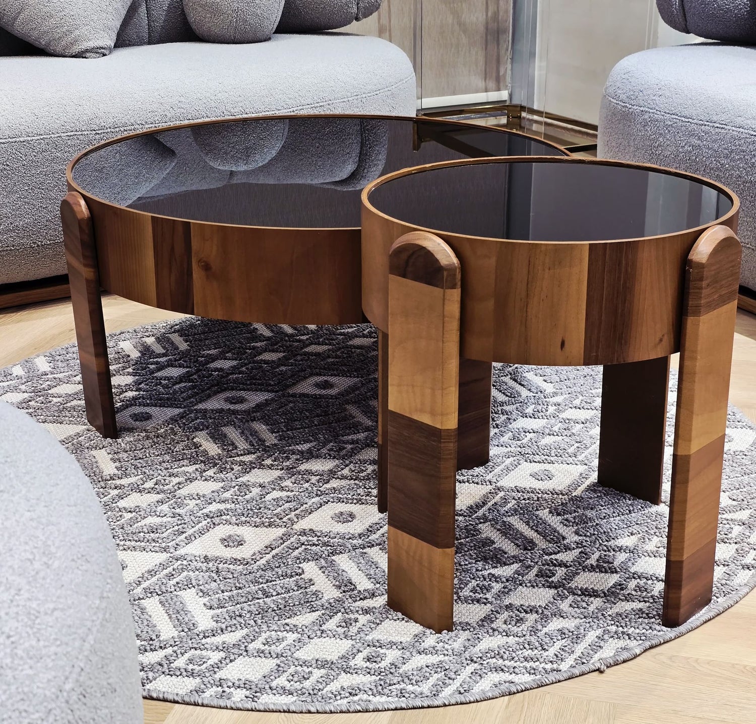 Round Walnut Black Glass Side Table