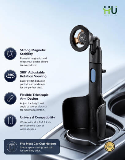 Magnetic Car Cup Holder HU HAC-1036 – Adjustable 360° Phone Holder for 4.7–7.2 Inch Devices