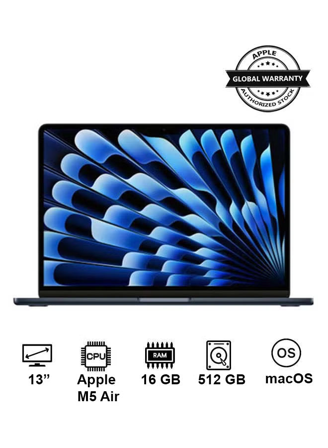 Apple MacBook Air M5 13-Inch 16GB RAM 512GB SSD – Midnight, International Version