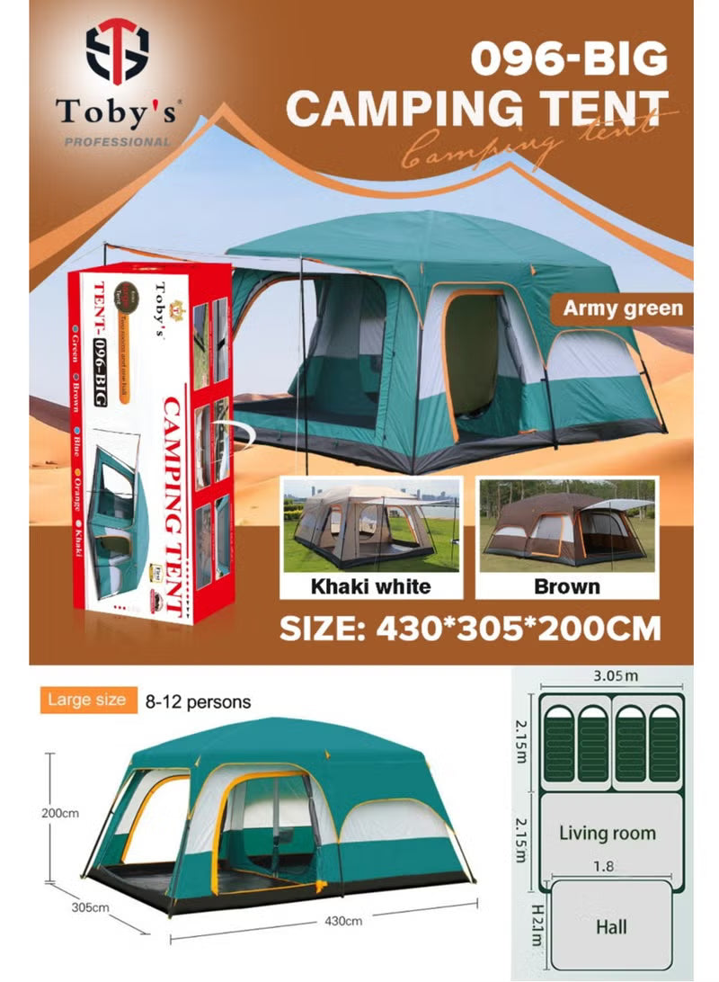Toby’s New 8–12 Person Double Layer Outdoor Camping Tent – 430 × 305 × 200 cm Big Green Tent