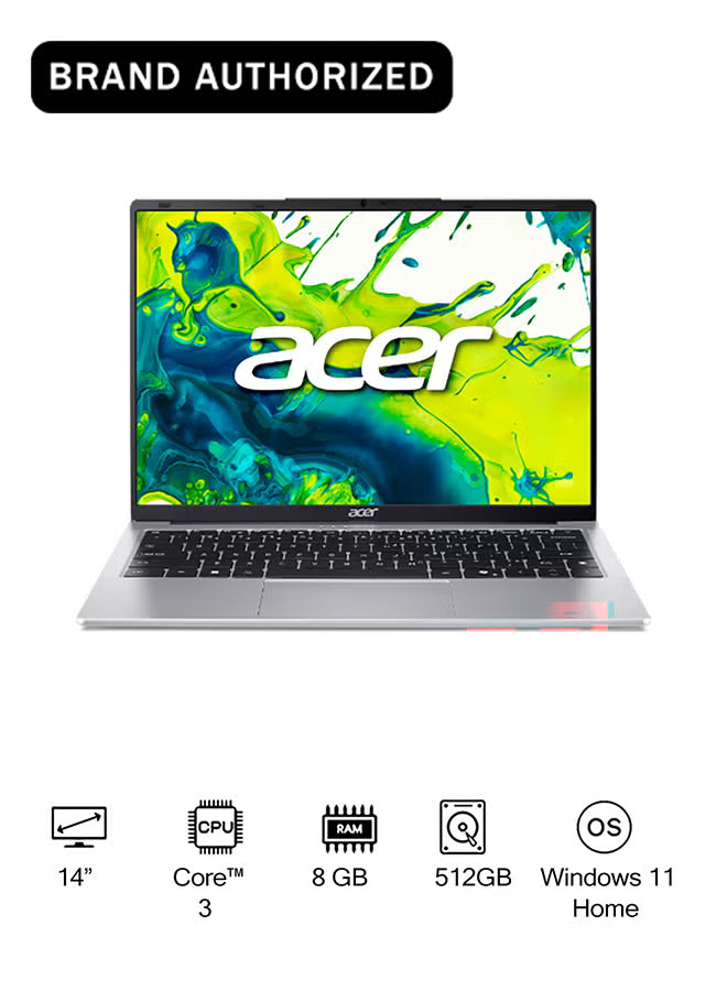 Acer Aspire Lite AL14 Laptop 14th Gen Intel Core 3-N355, 8GB RAM, 512GB SSD, 14" WUXGA IPS Display, Windows 11 Home – Silver