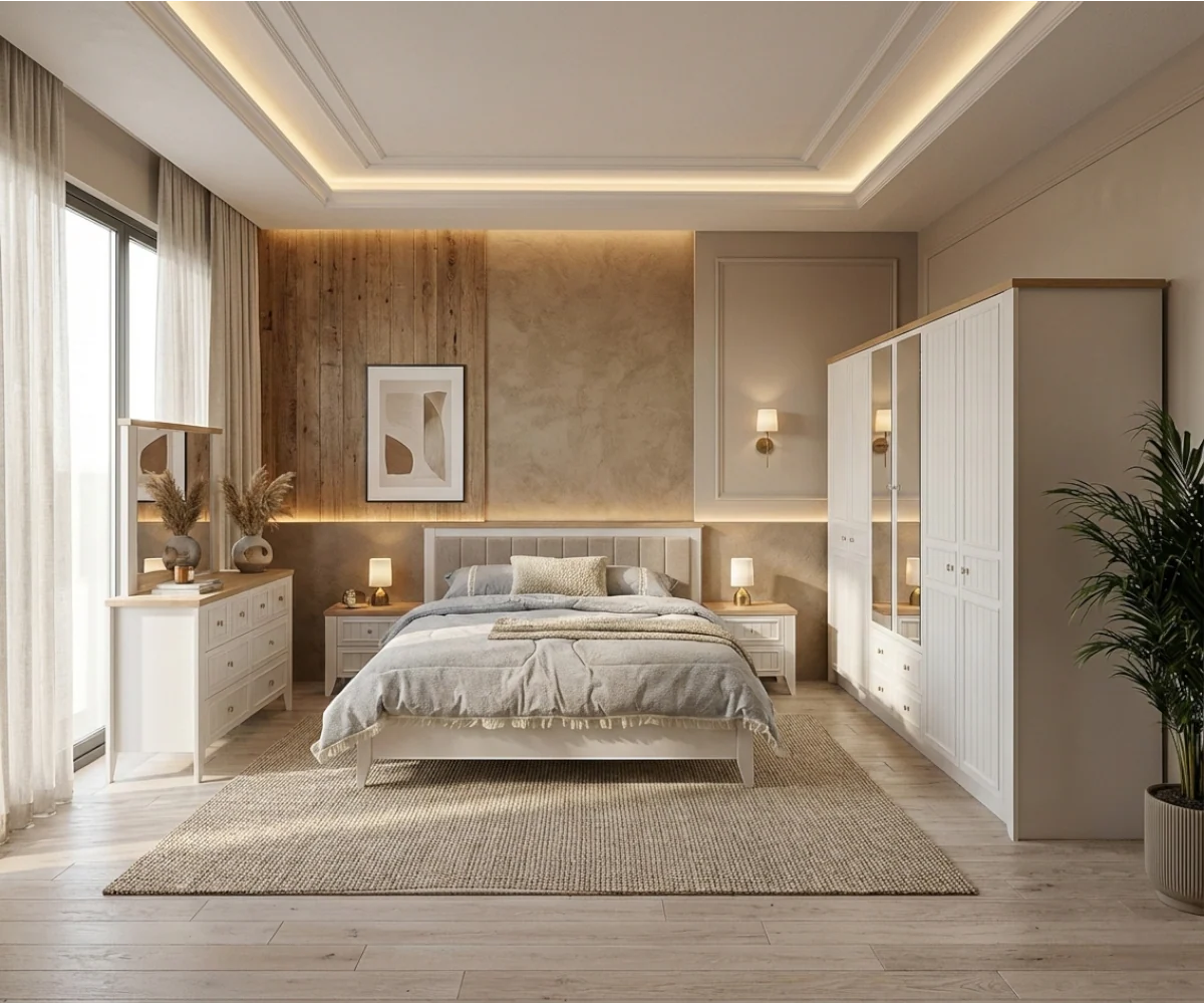 طقم غرفة نوم لورا – 180×200 سم، 5 قطع مع خزانة ملابس بستة أبواب