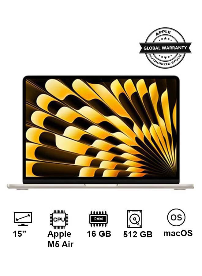 Apple MacBook Air M5 15-Inch 16GB RAM 512GB SSD – Starlight, International Version