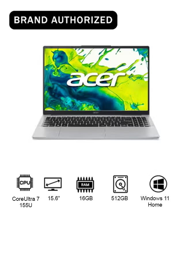 Acer Aspire Lite 15.6-Inch FHD Laptop, Core Ultra 7-155U, 16GB RAM, 512GB SSD, Windows 11 Home, Silver