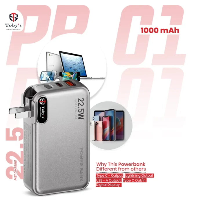 Toby’s PB-01 10000mAh Power Bank & AC Charger, 22.5W Fast Charging with Built-in Lightning & Type-C Cables