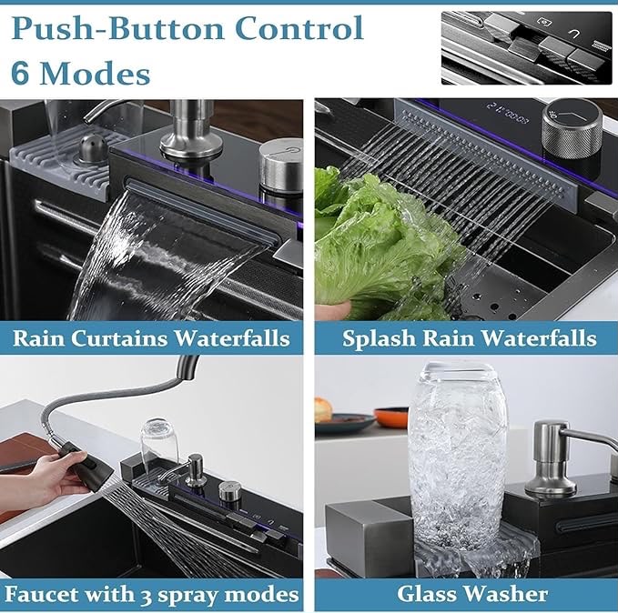 750×450mm Black Stainless Steel Single Bowl Kitchen Sink with Multifunction Waterfall Faucet Set